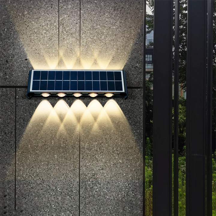Moderne Solar-Fassadenbeleuchtung, LED, kabellos, für eine einfache Installation.