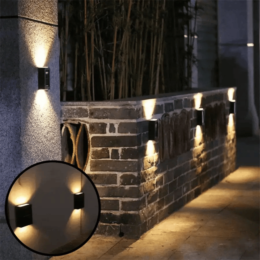 Moderne Solar-Wandleuchte für Außenbereich, kabellos, LED, wetterfest. Ideal für Garten, Terrasse und Balkon.