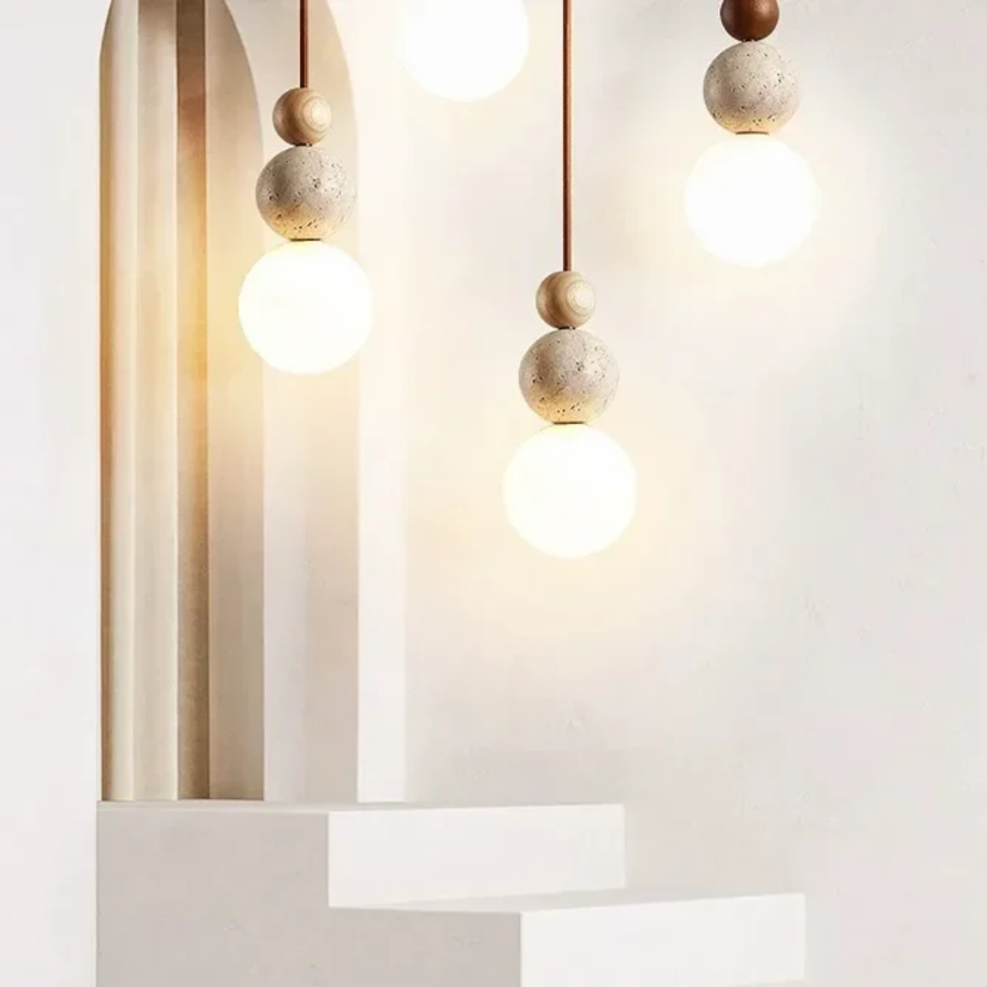 Hängelampe modernes Design: Energiesparende Innenbeleuchtung mit Travertin und Mahagoni für Wohnzimmer.
