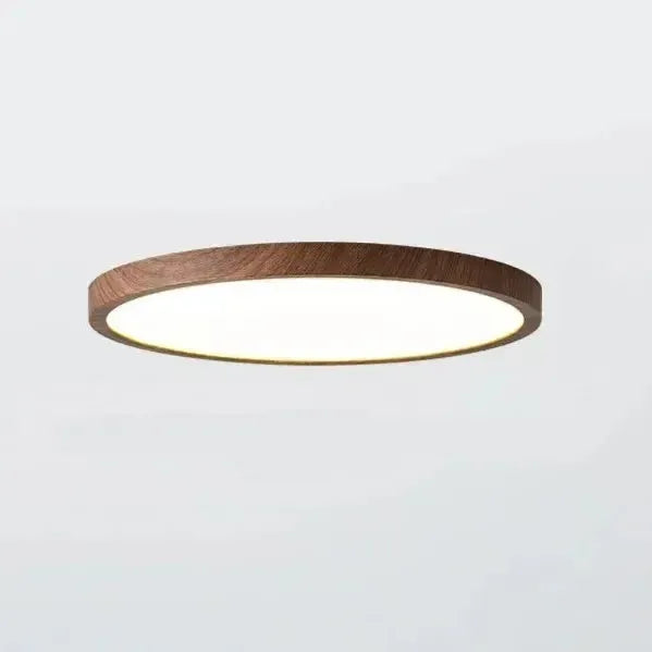 Elegante, runde LED-Deckenlampe mit Holzoptik. Ultradünnes Design für moderne Wohnzimmer-Beleuchtung.