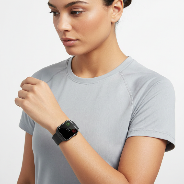 Digitale Unisex Smartwatch Pulseon, ein modernes Wearable Gadget mit rechteckigem Touchscreen.
