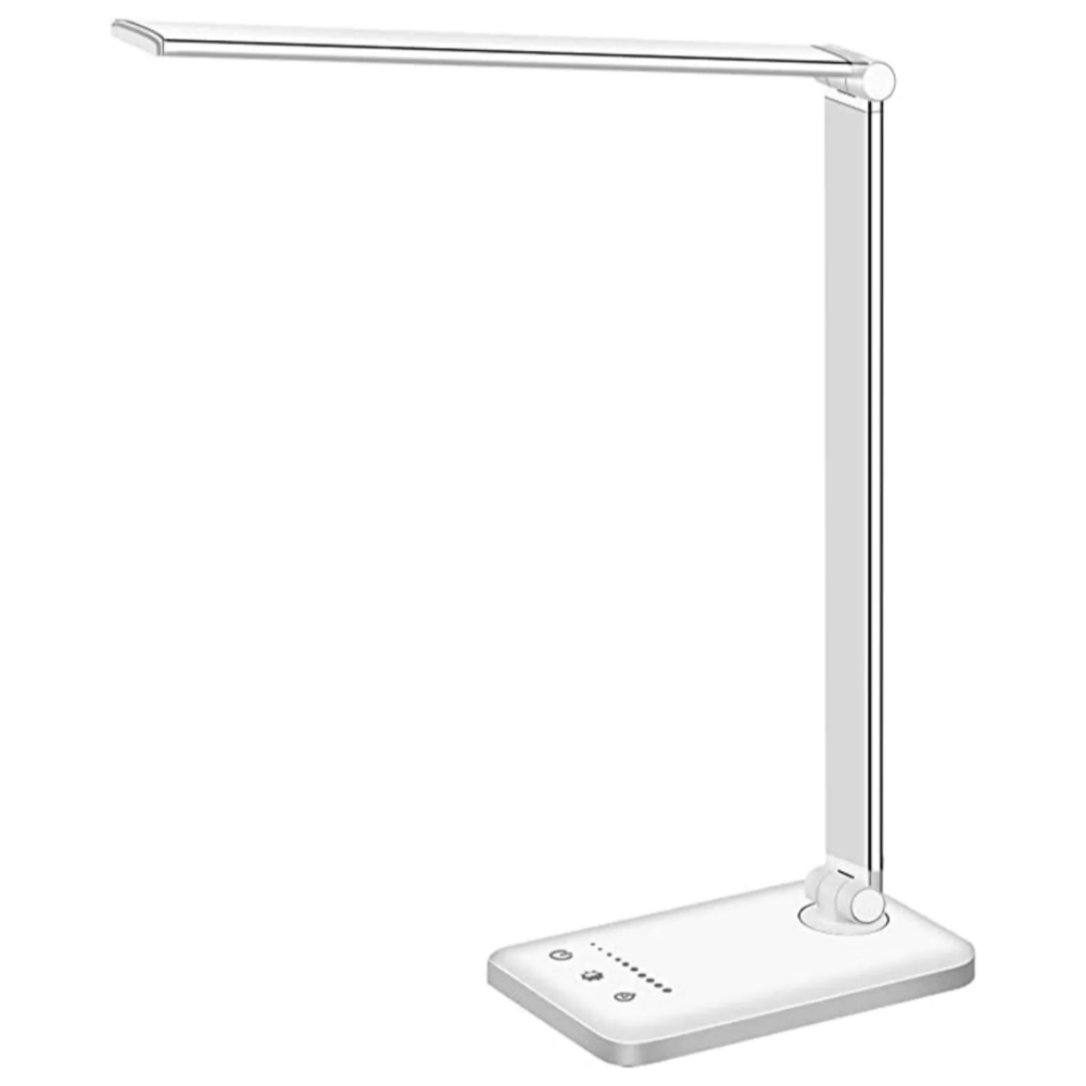 Elegante, moderne LED-Arbeitsplatzlampe für stilvolles Home Office Design, mit USB-Anschluss und flexibel einstellbar.