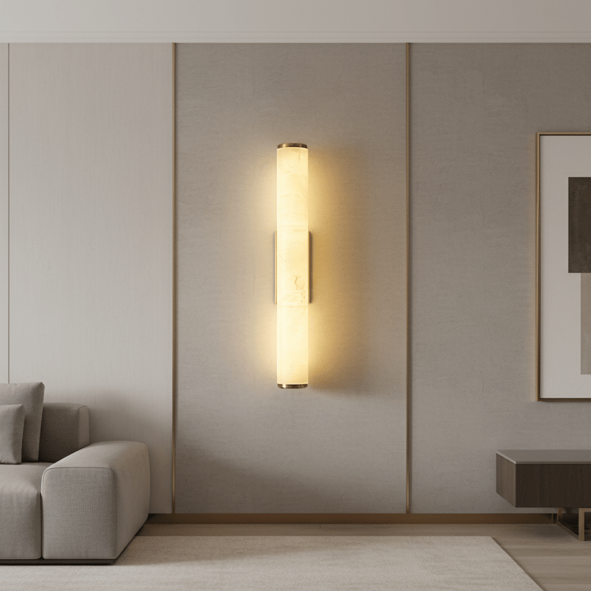 Moderne Wandleuchte im Marmorstil mit warmweißem LED-Licht, ideal für elegantes Interieur.