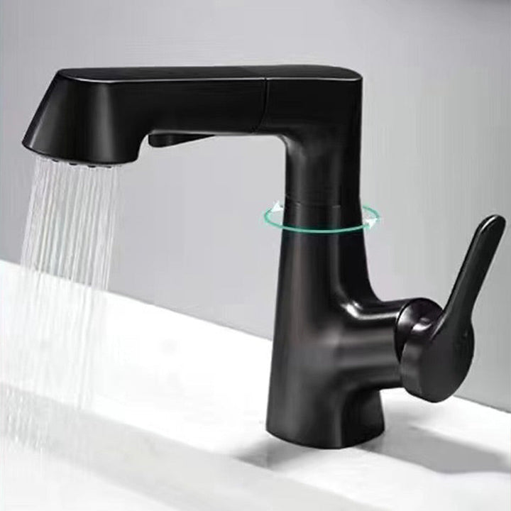 Design Waschtischarmatur mit ausziehbarem Sprühkopf für modernes Bad; flexibler Wasserhahn in Silber-Optik.