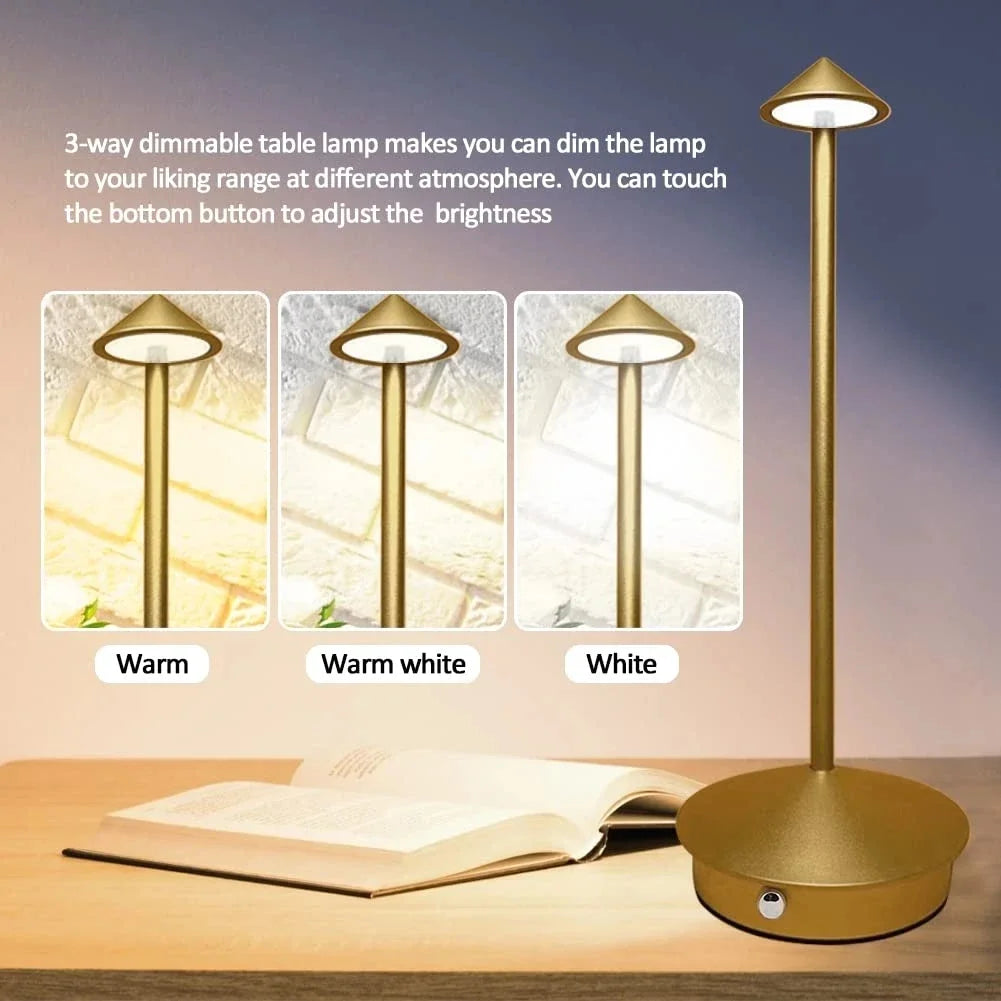 Moderne LED Tischlampe, Touch-dimmbar und wiederaufladbar, für stilvolle Akzentbeleuchtung im Esszimmer.