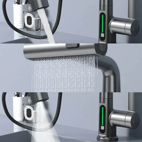 Ergonomischer Wasserhahn mit Ausziehbrause & 360° Rotation erleichtert die Spülbeckenreinigung.