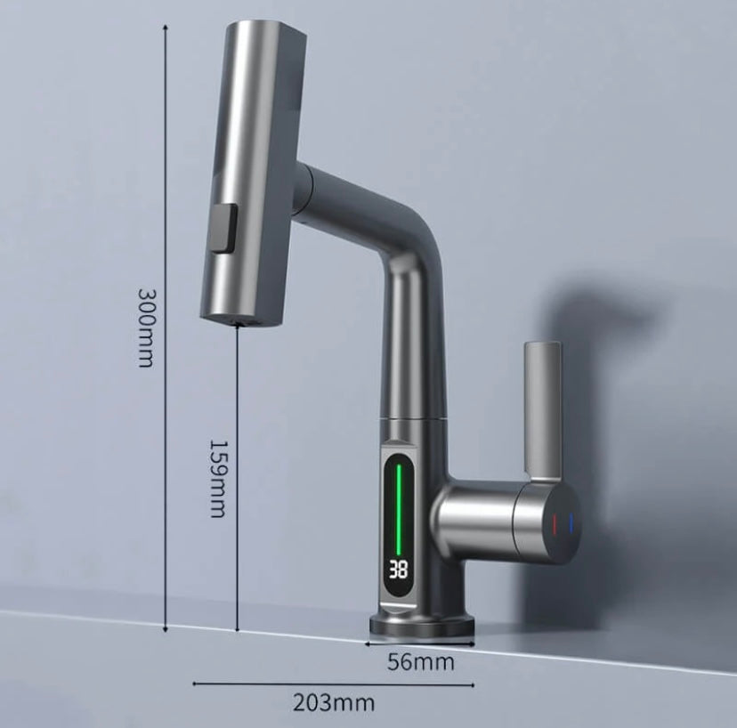 Stilvoller 360° drehbarer Armatur mit Ausziehbrause für Küche und Bad, modernes Design.
