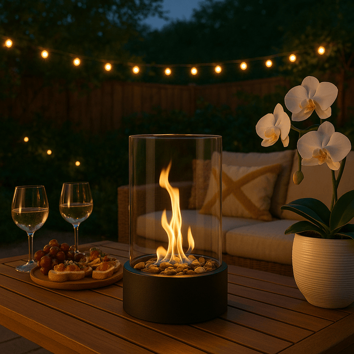 Moderner Bioethanol-Tischkamin mit echten Flammen für gemütliche Abende und stilvolle Wohnaccessoires.