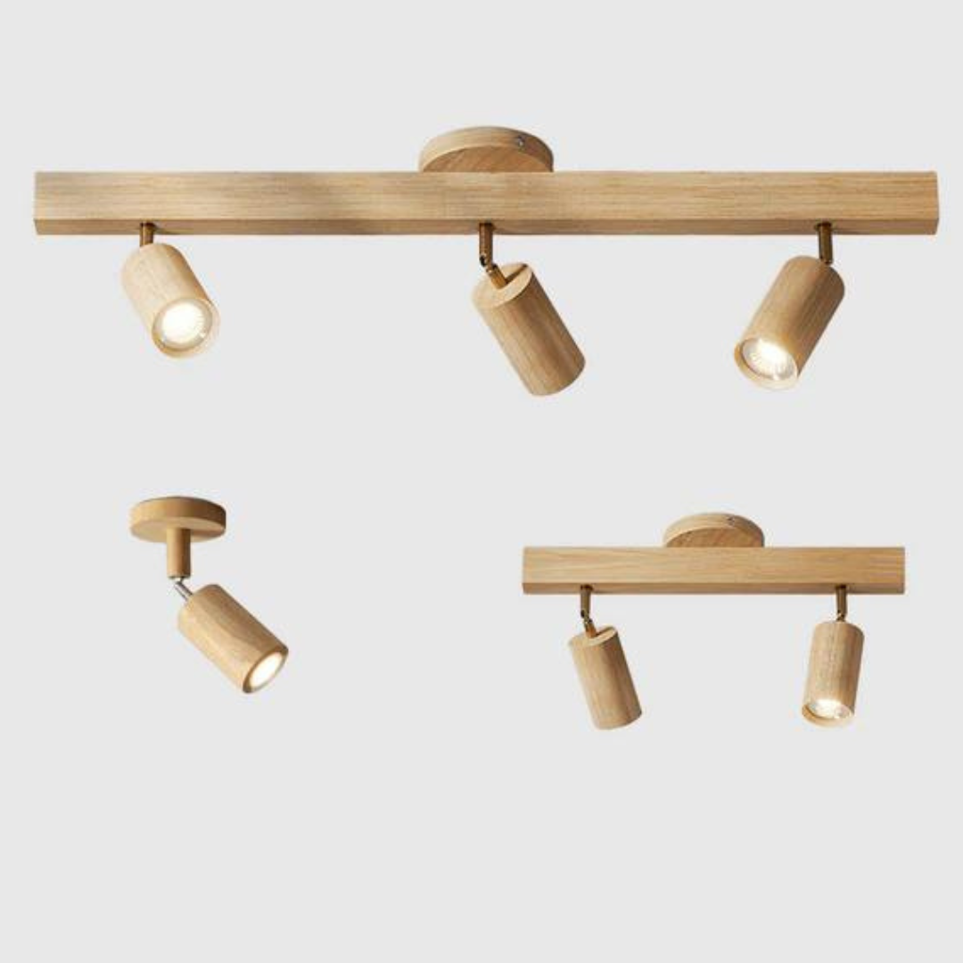 Moderner EcoLux Deckenstrahler aus Naturholz, verstellbar, ideal für Wohnzimmer.