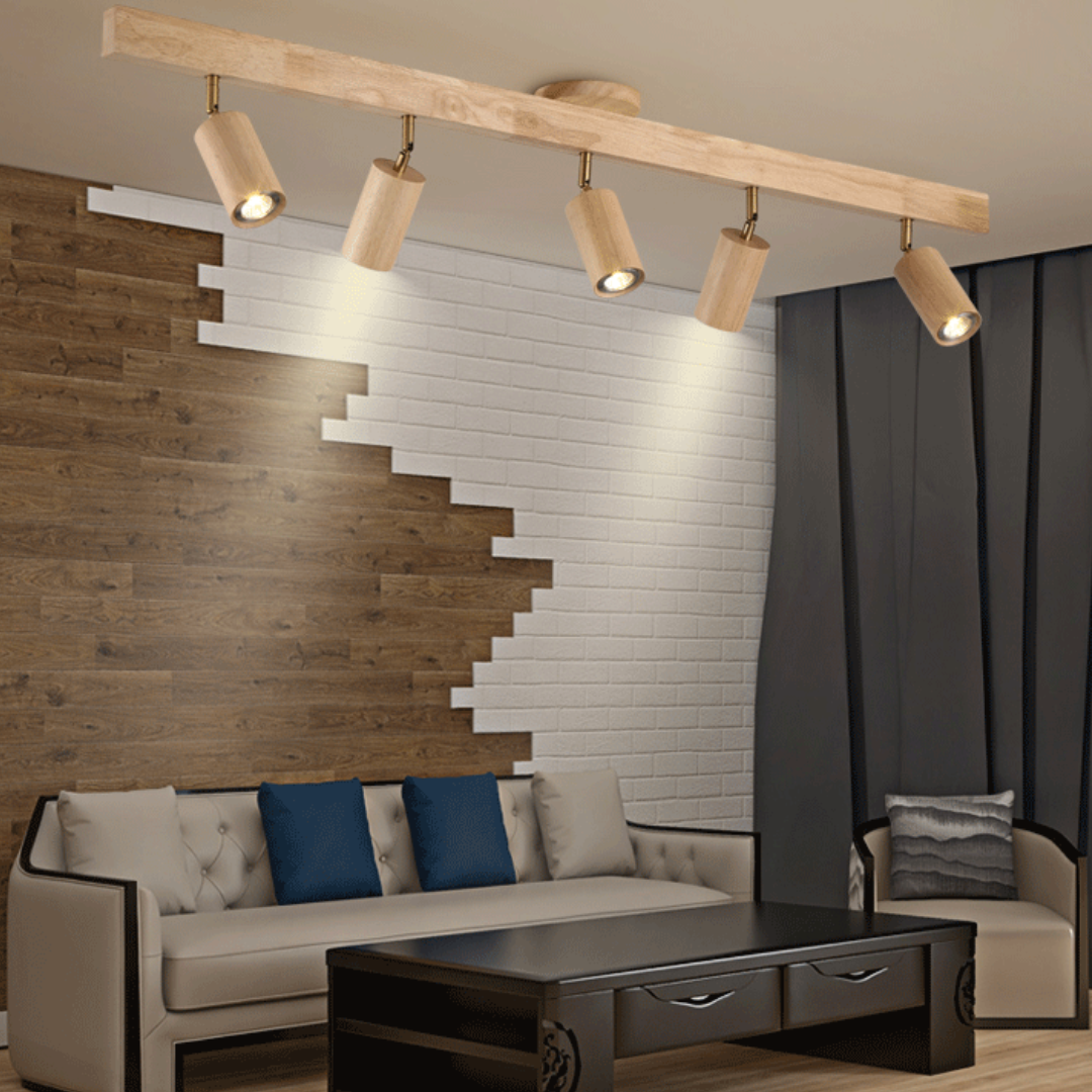 Detailansicht des verstellbaren Holzgelenks am EcoLux Deckenstrahler, funktional & schick.