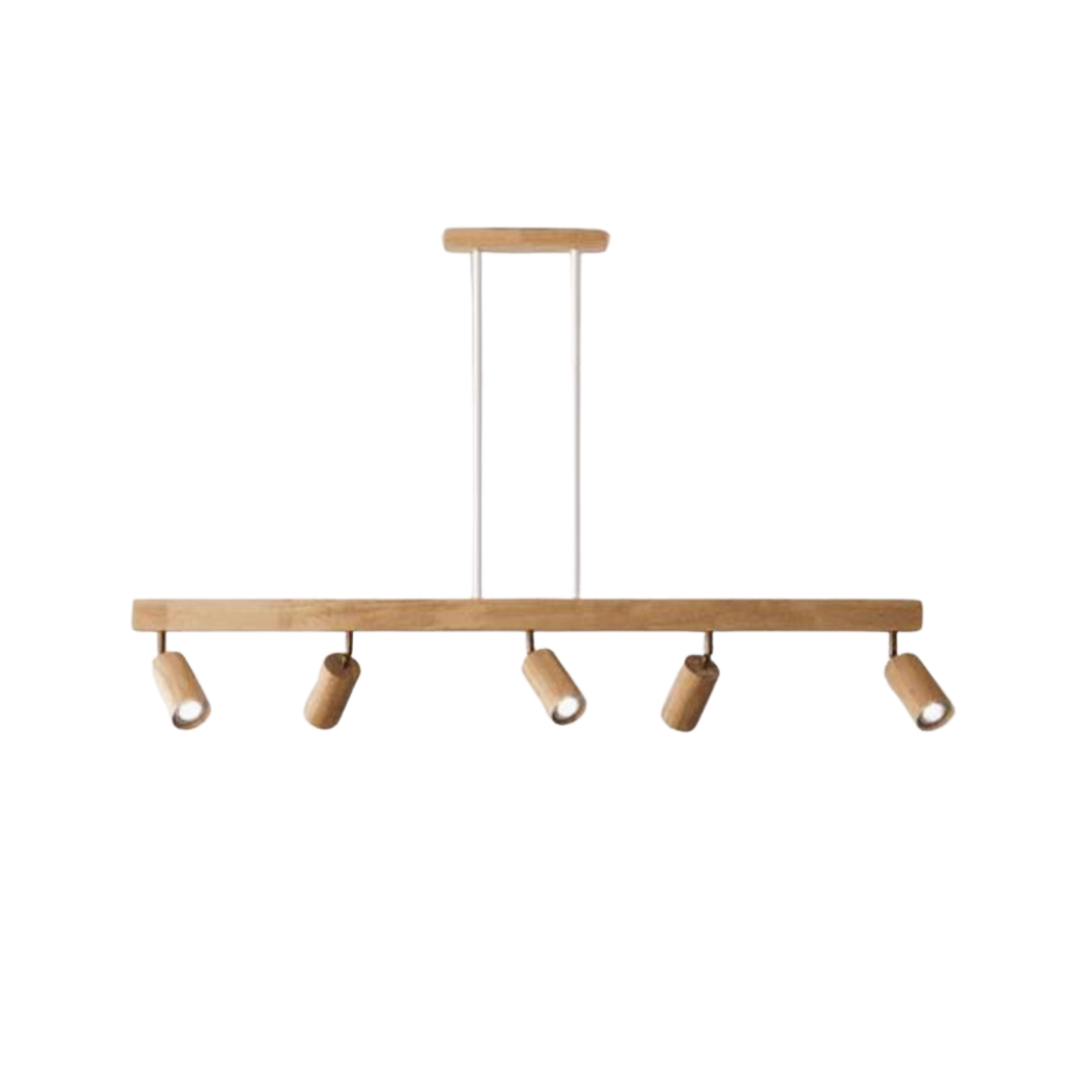 EcoLux Holz-Deckenleuchte über Esstisch, warmes LED-Licht, stilvolle Küchenbeleuchtung.