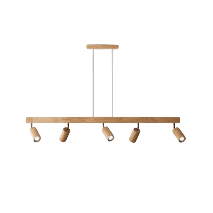 EcoLux Holz-Deckenleuchte über Esstisch, warmes LED-Licht, stilvolle Küchenbeleuchtung.
