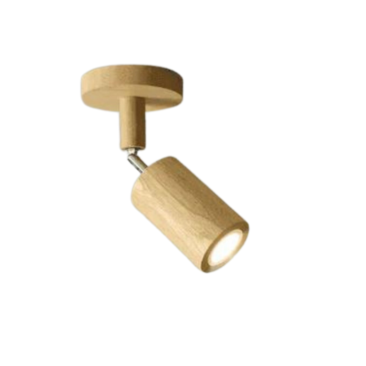 Nachhaltige EcoLux Deckenleuchte mit verstellbaren Holzspots, für flexible Lichtgestaltung.