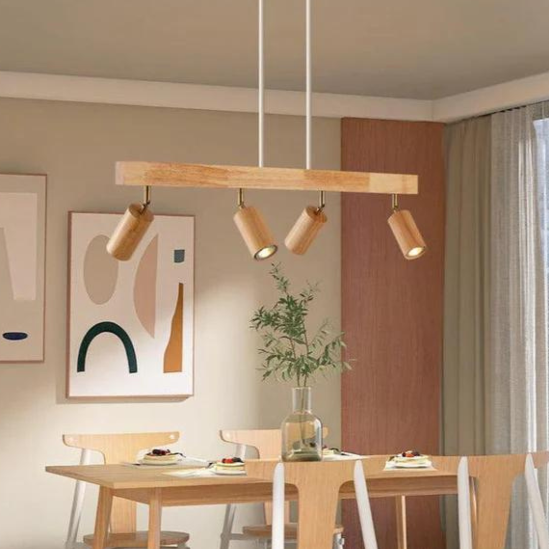 Zeitgenössische Deckenleuchte aus Naturholz, schwenkbar, für flexible Küchenbeleuchtung.