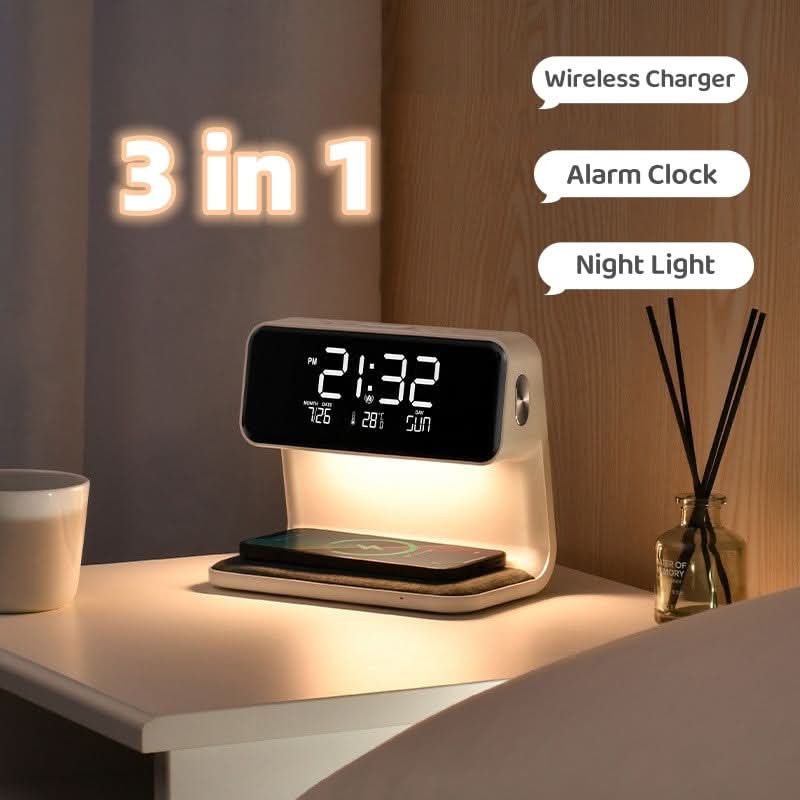 Smartes Gerät für mehr Ordnung: LCD-Wecker mit Dimmfunktion, LED-Licht und kabelloser Ladezone.