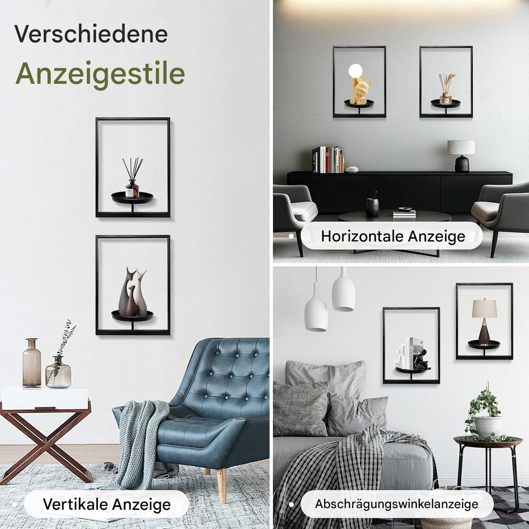 Eleganter schwarzer Wandpflanzenhalter aus Metall mit kleiner Grünpflanze; stilvolle Wohnzimmer Wanddeko.
