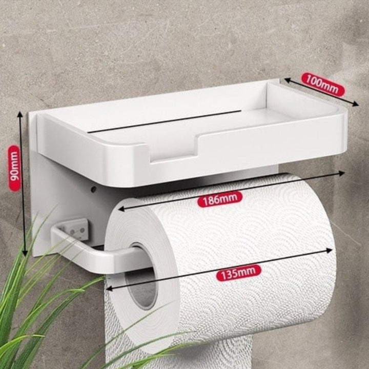 Stilvoller Toilettenpapierhalter mit Ablage, matt-schwarz, zur Wandmontage – perfektes Badaccessoire für Ordnung.