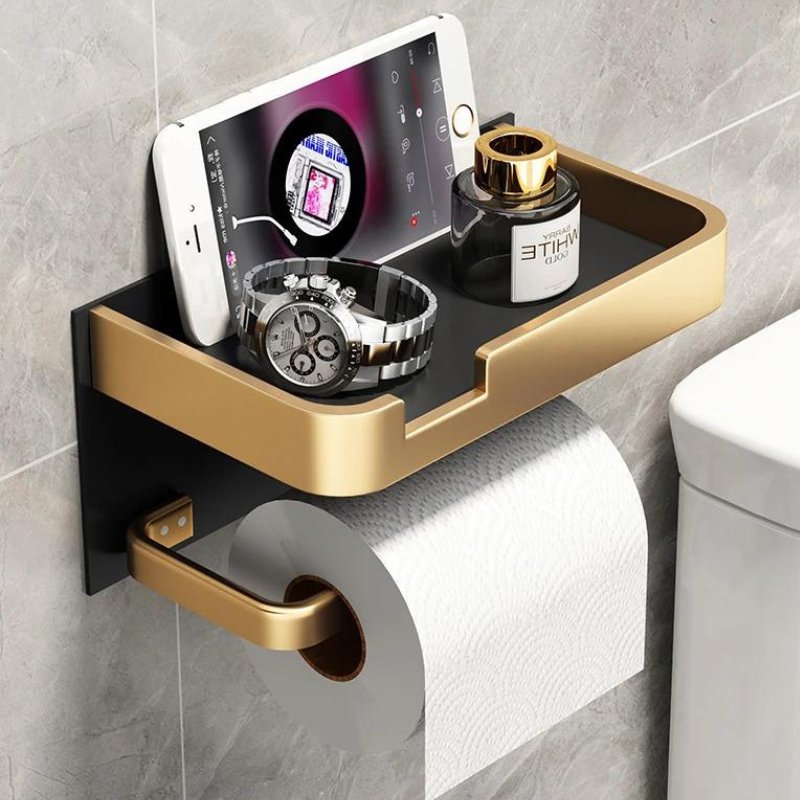 Toilettenpapierhalter aus Metall mit praktischer Ablage, wandmontiert für mehr Ordnung im modernen Badezimmer.