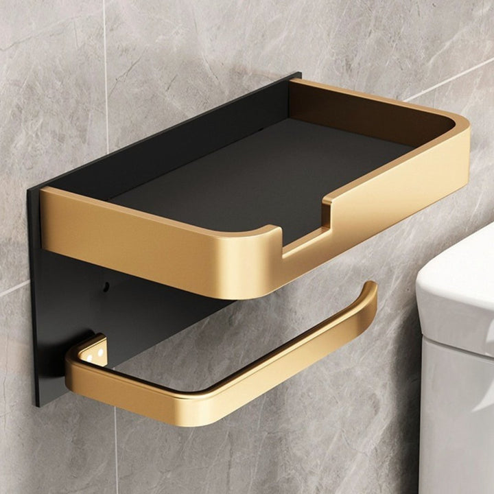 Eleganter goldener Toilettenpapierhalter mit Ablage aus Metall, wandmontiert, für stilvolle Badezimmerorganisation.