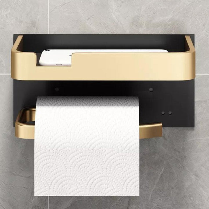 Silberner Toilettenpapierhalter aus robustem Metall, wandmontiert mit integrierter Ablage für Badaccessoires.