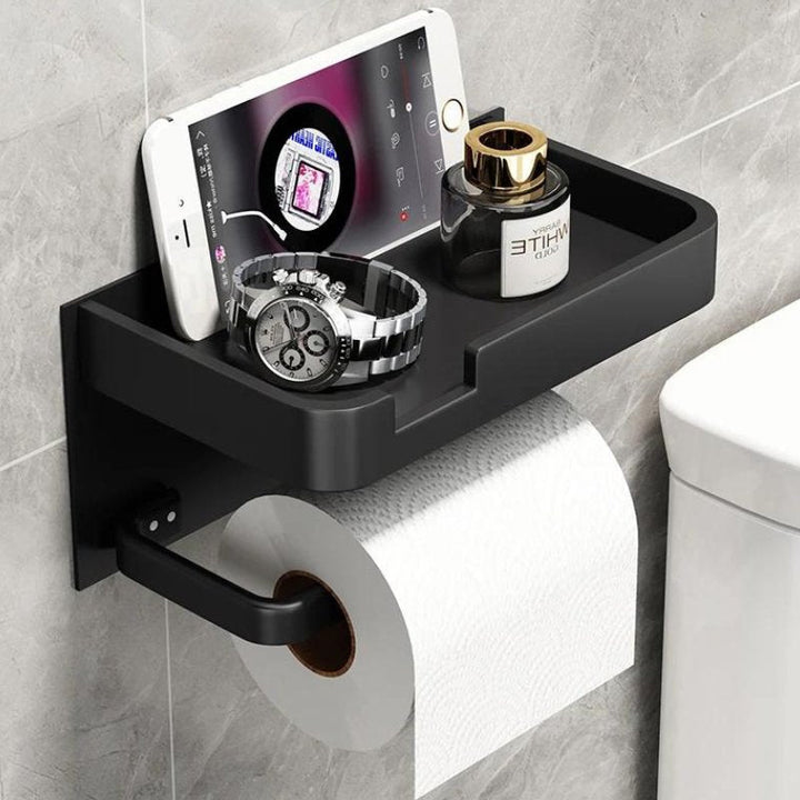Wandmontierter Toilettenpapierhalter mit Ablage für Smartphone oder kleine Deko, aus Metall für Badorganisation.