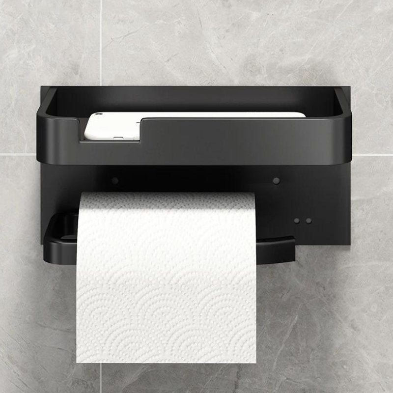 Platzsparender Toilettenpapierhalter aus Metall mit praktischer Ablagestation, modernes Badzubehör zur Wandmontage.