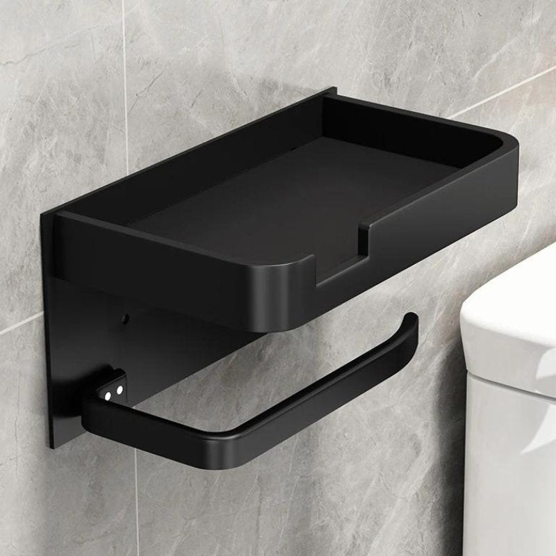 Minimalistischer Toilettenpapierhalter aus schwarzem Metall mit praktischer Ablage, modernes Design für Ihr Badezimmer.