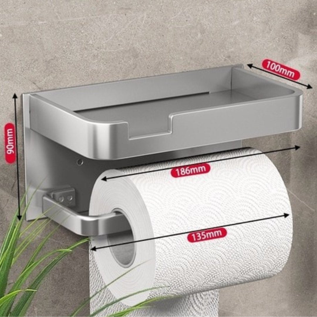 Robuster Toilettenpapierhalter aus Metall, wandmontiert, mit integrierter Ablage für Handy & Badartikel.