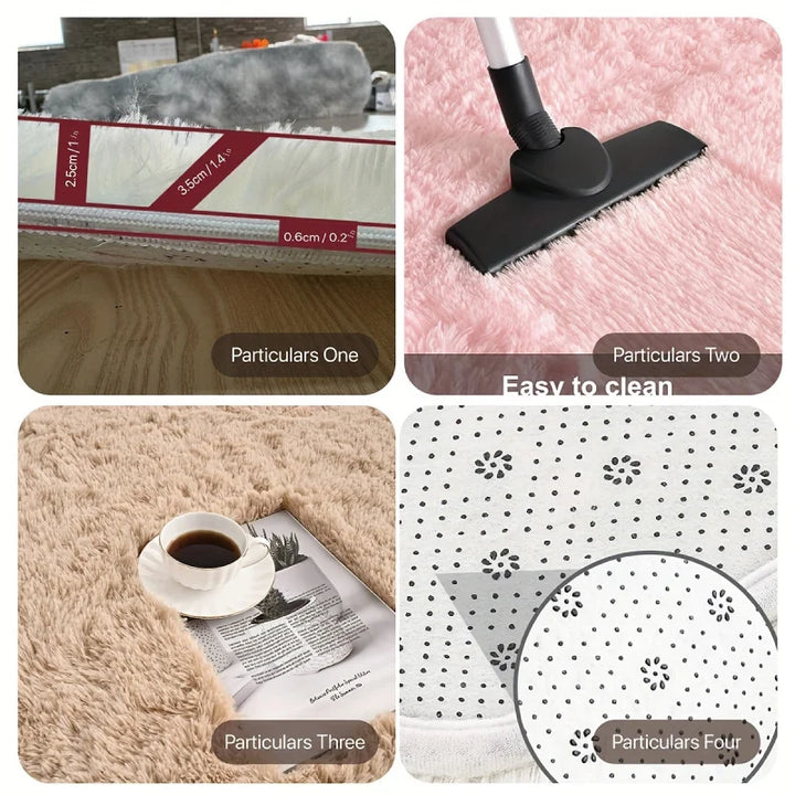Detailaufnahme eines flauschigen Hochflor Teppichs aus Kunstplüsch; gemütlich & weich für Zuhause.