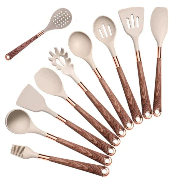 Stilvolles, modernes 10-teiliges Küchenhelfer-Set mit schwarzen Silikonköpfen und eleganten Holzgriffen. Ideal zum Kochen.