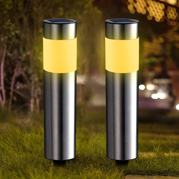 Stilvolle Edelstahl Solar-Gartenleuchten im 2er Set mit LED-Licht, perfekt für moderne Gärten.