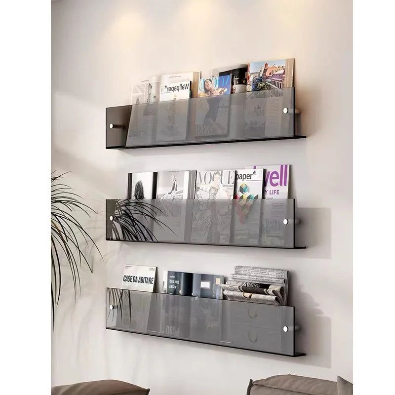 Modernes transparentes Acryl Wandregal für Zeitschriften und Dekoration im Wohnzimmer.