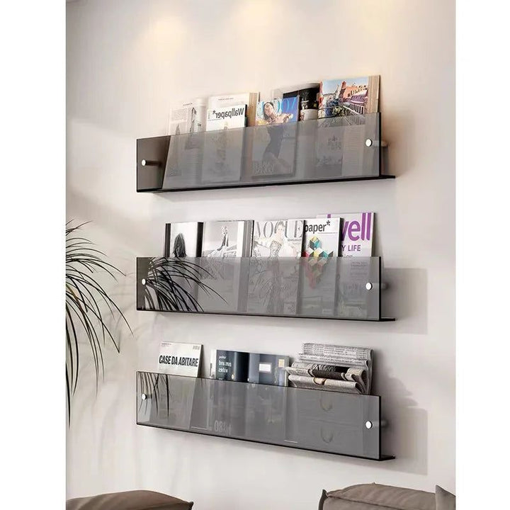 Modernes transparentes Acryl Wandregal für Zeitschriften und Bücher im Wohnzimmer.