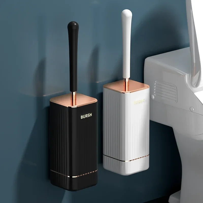 Elegantes, modernes WC-Bürsten Set mit Halterung, bohrfrei an der Wand montierbar, optimiert Badezimmerplatz.