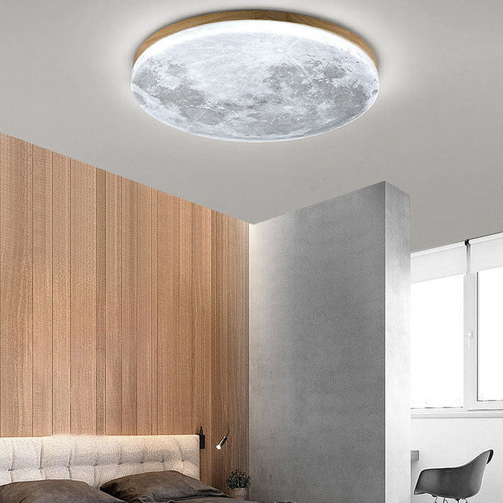 Mondlampe LED-Deckenleuchte für Schlafzimmer, sanftes Licht & modernes Design in Walnussoptik.