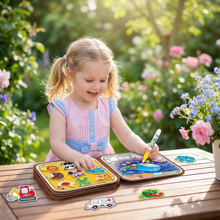 Montessori 2in1 Mal- und Geschichtenbuch für Kinder fördert Kreativität & Feinmotorik.