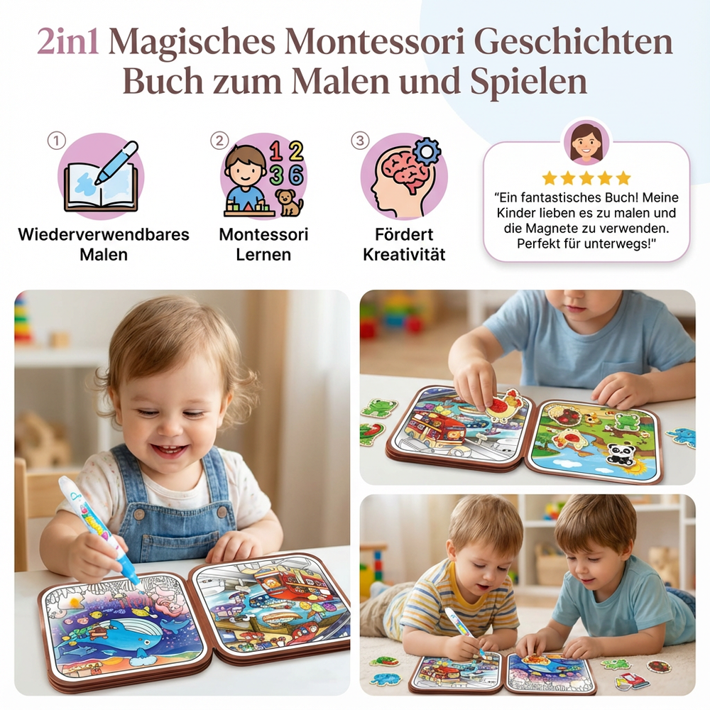 Magisches 2in1 Montessori Lernspielbuch: Malen, Geschichten & Vorschulbildung für Kinder.