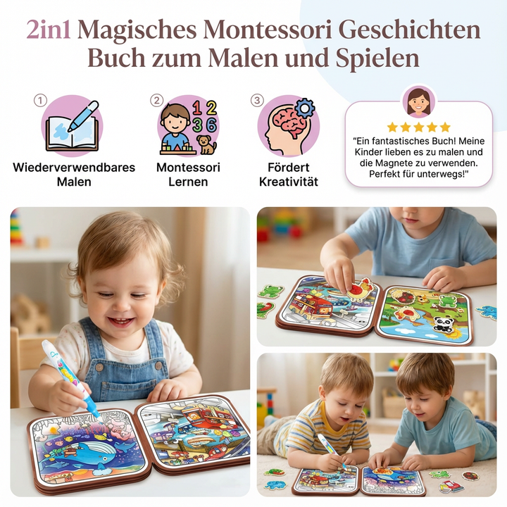 Magisches 2in1 Montessori Lernspielbuch: Malen, Geschichten & Vorschulbildung für Kinder.