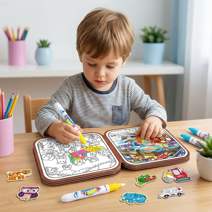 Pädagogisches Montessori Mal- und Geschichtenbuch für Kinder, ideal zur Feinmotorik-Entwicklung.