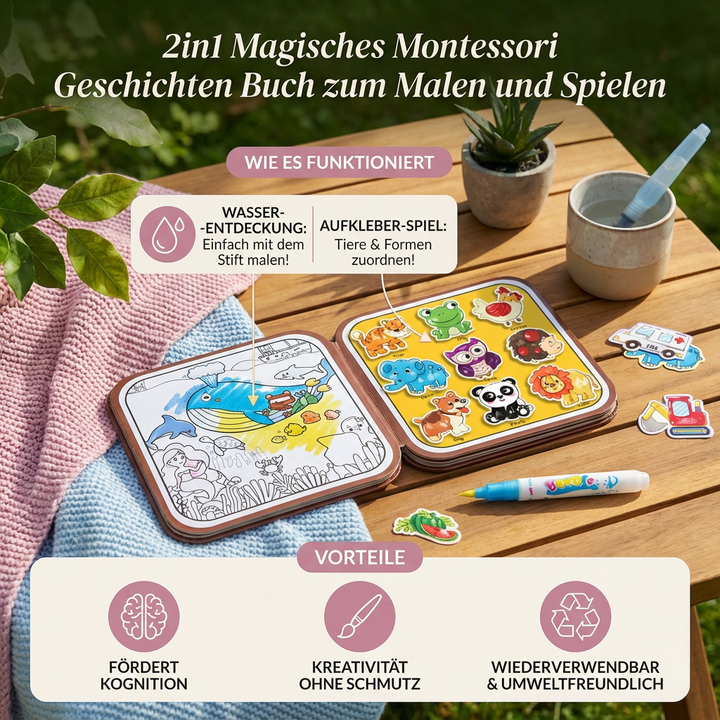 Kreatives Montessori Malbuch & Geschichtenbuch, fördert Feinmotorik und Bildung bei Kindern.
