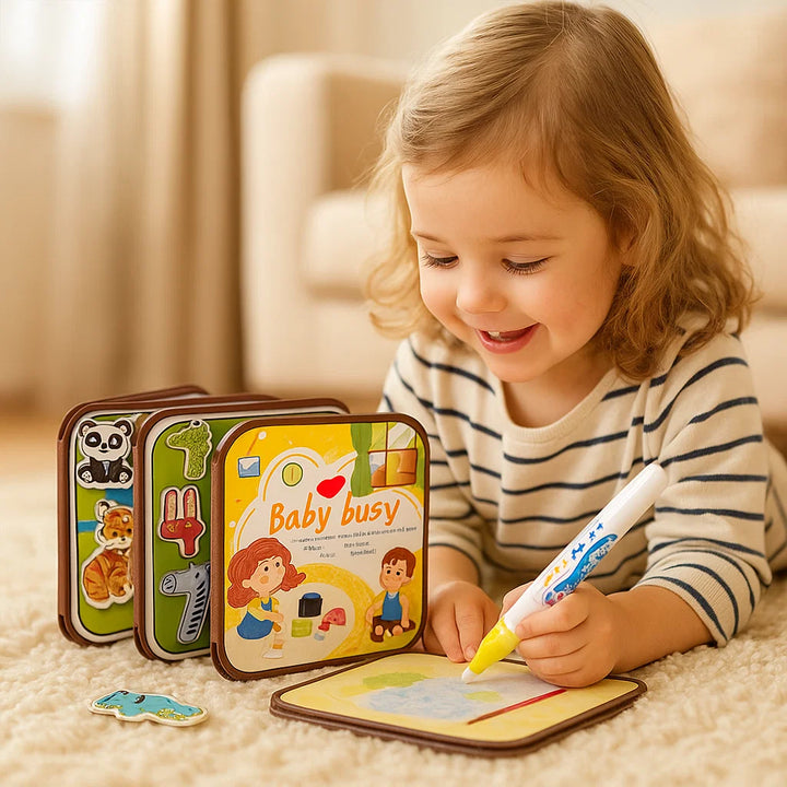 Vielseitiges 2in1 Montessori Kinderbuch: Malen, Geschichten & Lernspielzeug zur Vorschulbildung.