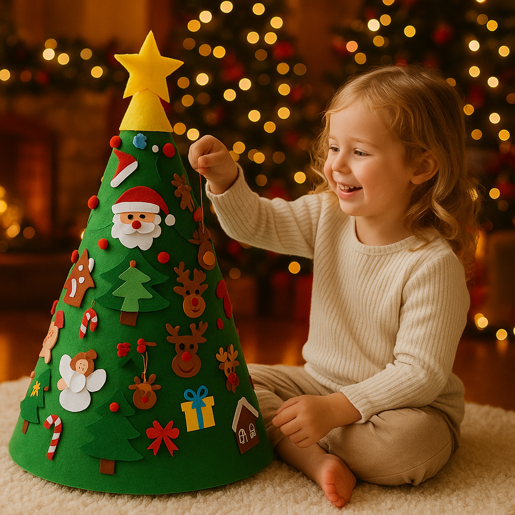 Montessori 3D Filz Weihnachtsbaum für Kinder, fördert Feinmotorik & Kreativität beim Spielen zur Weihnachtszeit.