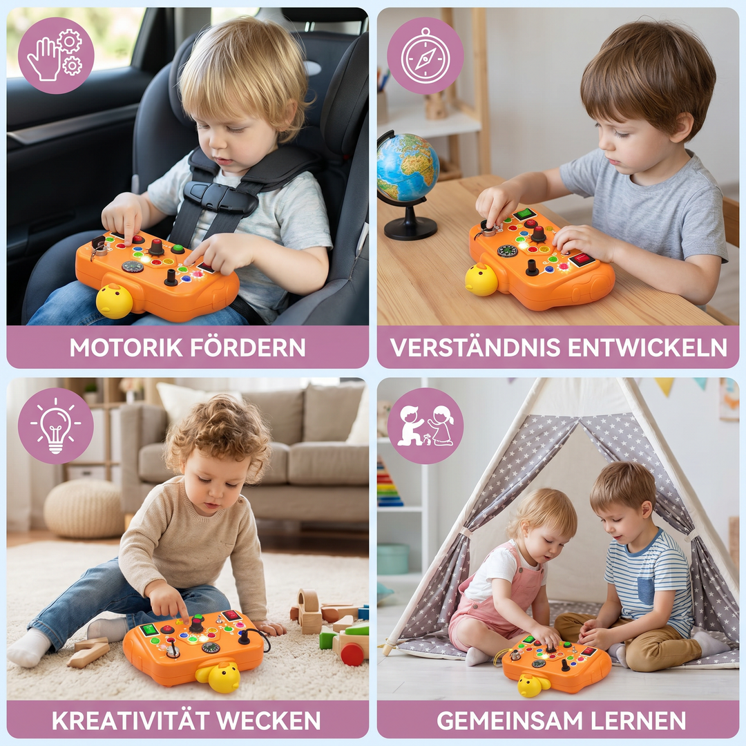 Montessori Aktivitätsbrett; fördert Greifen, Drehen & Schieben zur Entwicklung von Feinmotorik bei Kindern.