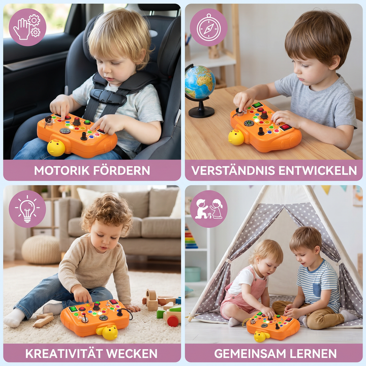 Montessori Aktivitätsbrett; fördert Greifen, Drehen & Schieben zur Entwicklung von Feinmotorik bei Kindern.