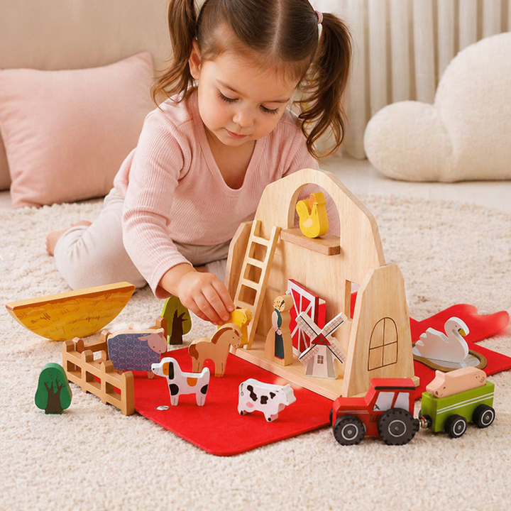 Montessori Bauernhof Holz- & Filzspielzeug für unterwegs; fördert Feinmotorik, Kreativität & Lernen bei Kindern.