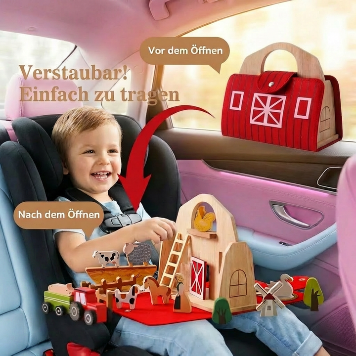 Ausgeklapptes Montessori Bauernhof Reisespielzeug aus Holz & Filz mit Tieren für Kinder.