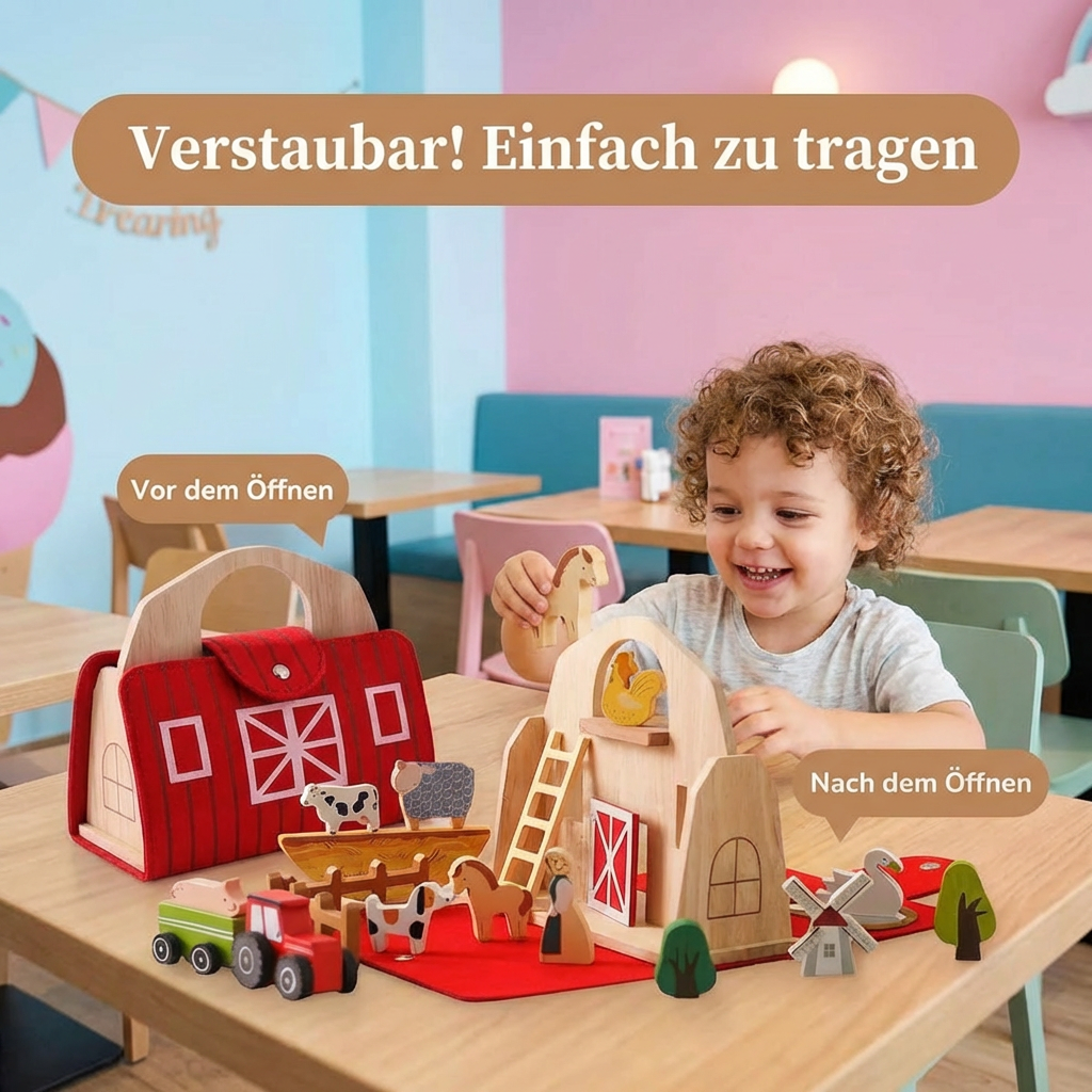 Filztiere und Elemente des Montessori Bauernhof Lernspielzeugs aus Holz, fördert Kreativität.
