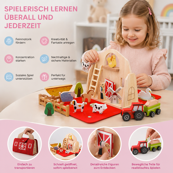 Kompaktes Montessori Bauernhof Holz- & Filzspielzeug, perfekt als Reisespielzeug für Kinder unterwegs.