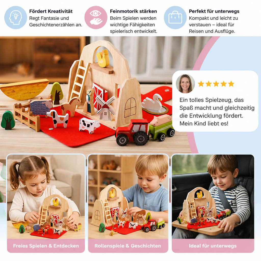 Hochwertiges Holz- & Filzspielzeug: Montessori Bauernhof Set zur Förderung der Sinne & Feinmotorik.