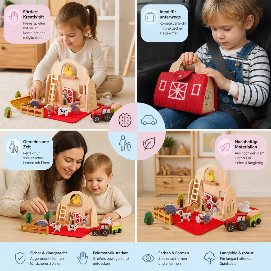 Lernspielzeug: Montessori Bauernhof aus Holz & Filz für Kinder. Fördert Kreativität, Feinmotorik & Entwicklung.